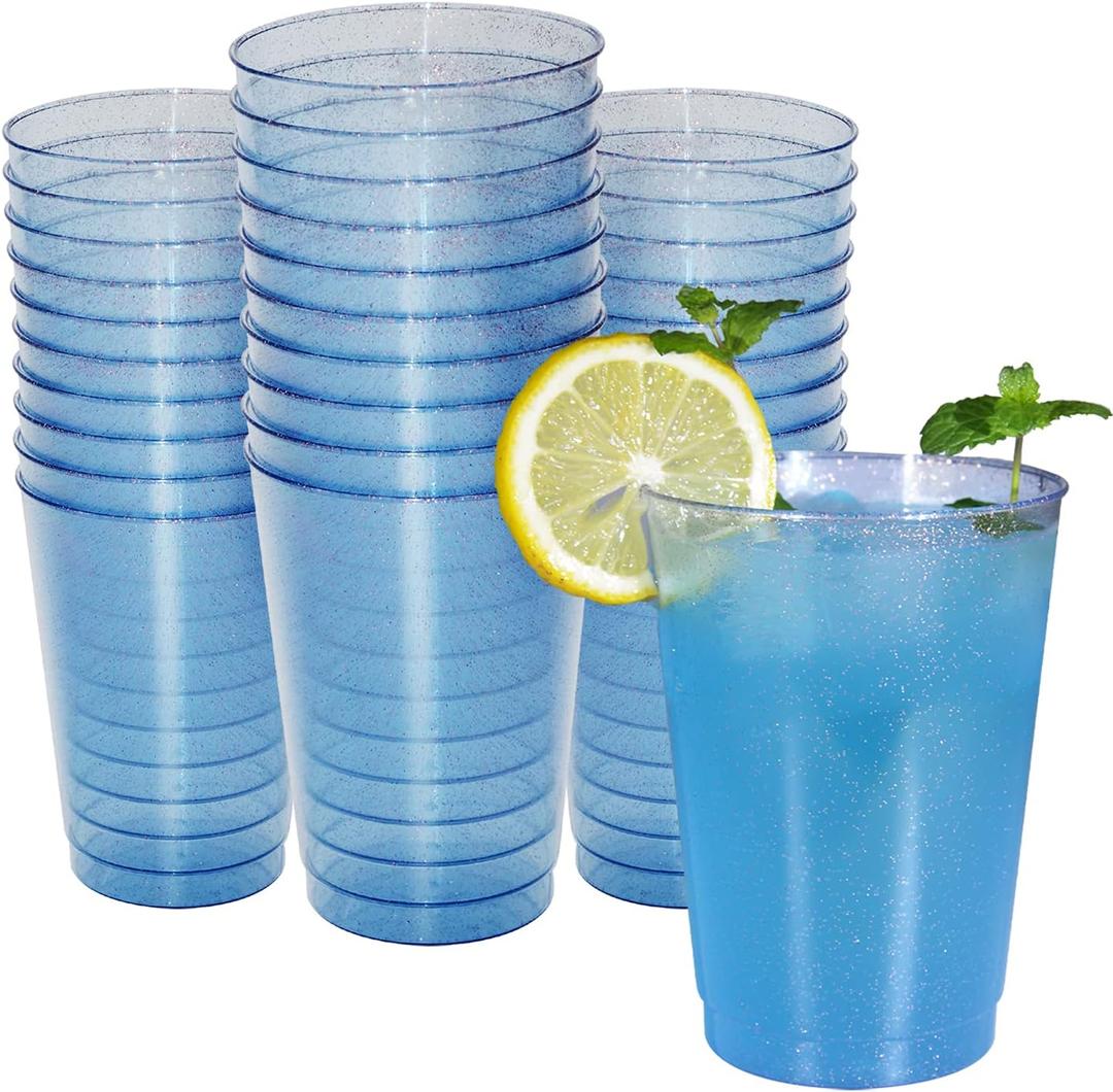 Homy Feel 12 Oz Blue Glitter Plastic Cups - 50PCS Disposable Cocktail & Wine Cups for Wedding Party