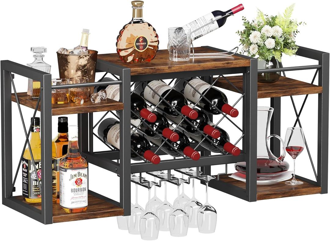 Wall Mounted Wine Rack with Glass Holder, Wood-Metal Retro Bar Shelf, Wine Bottles Display Wall Storage for Kitchen Dining Room Home Bar (31.5 inch, Vintage)