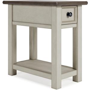 Signature Design by Ashley Bolanburg Chairside End Table With Charging Station, Two-Tone Wood Accent Table With Drawer Storage, Plank Top Design for Living Room or Bedroom, Antique White, 14" W X 24.13" D X 24.13" H