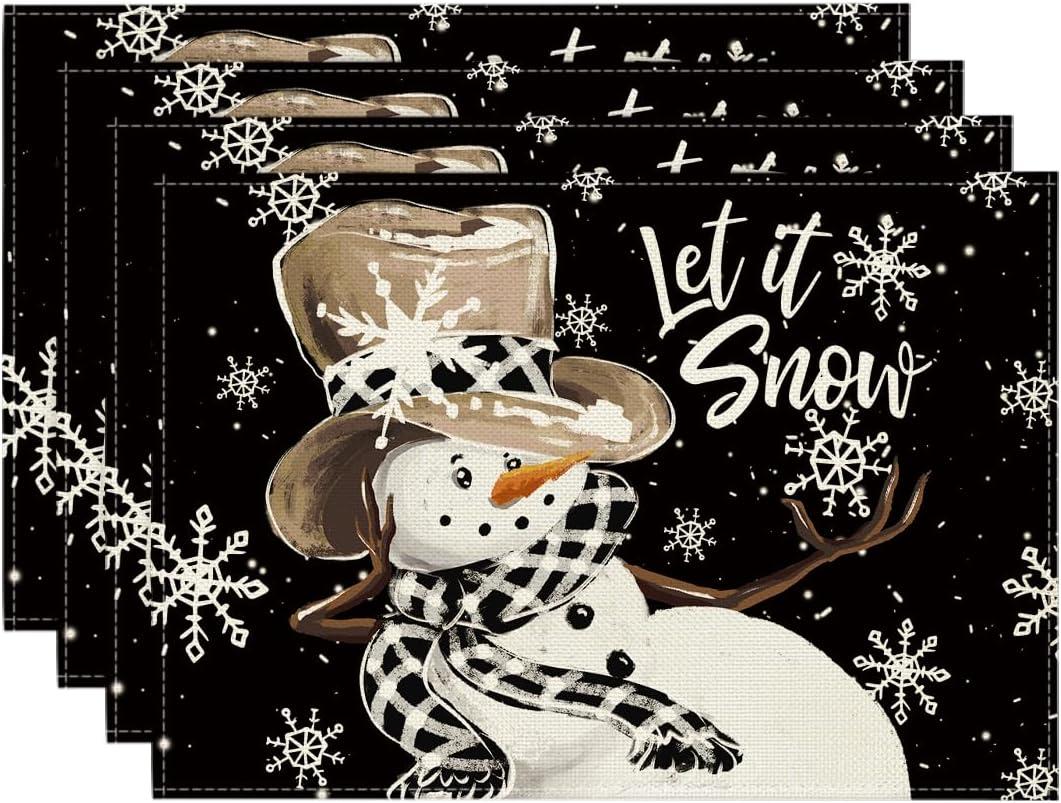 Artoid Mode Black Snowman Snowflakes Let it Snow Winter Placemats Set of 4, 12x18 Inch Seasonal Christmas Table Mats for Party Kitchen Dining Decoration