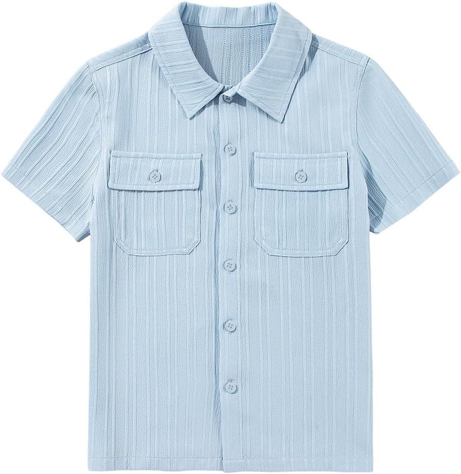 blibean Boys Button-Down Uniform Shirts Semi Formal Dress Tops with Chest Pockets (Blue, L)