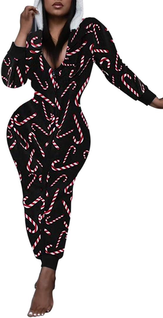 AI'MOURI One Piece Hooded Sleepwear for Women,Sexy Printed Christmas Pajamas Jumpsuit Rompers (Large, Black)