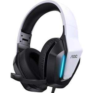 AOC Gaming Headset for PS5, PS4, PC, Mac, Switch, Xbox Series, Surround Sound RGB Gaming Headphones with Noise Canceling Microphone, 50MM Dynamic Drivers, 3.5MM Audio Jack, White