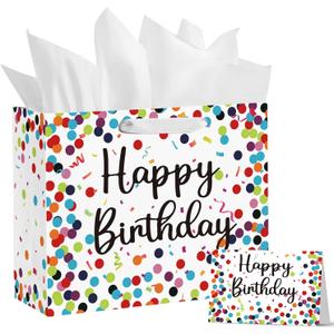 5 x Horaldaily 13" Large Birthday Gift Paper Bags with Tissue Paper and Card, Happy Birthday Dots Streamers Gift Paper Bag for Men Women Kids Birthday,1Pcs