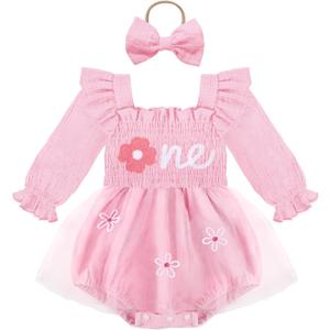 HONGTEYA Baby Girl 1st Birthday Outfit First Romper Tulle Dress Gifts (Pink)