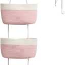 TeoKJ Over the Door Hanging Basket, 3-Tier Woven Cotton Wall-Mounted Storage Organizer Bag Decorative Hanging Nursery Baskets, Pink & White