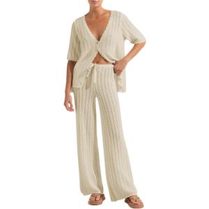 Imily Bela Women's Summer 2 Piece Swimsuit Cover up Crochet Knit Cardigan Tops Long Pants Set Bathing Suit Beach Outfit (X-Large, Apricot)