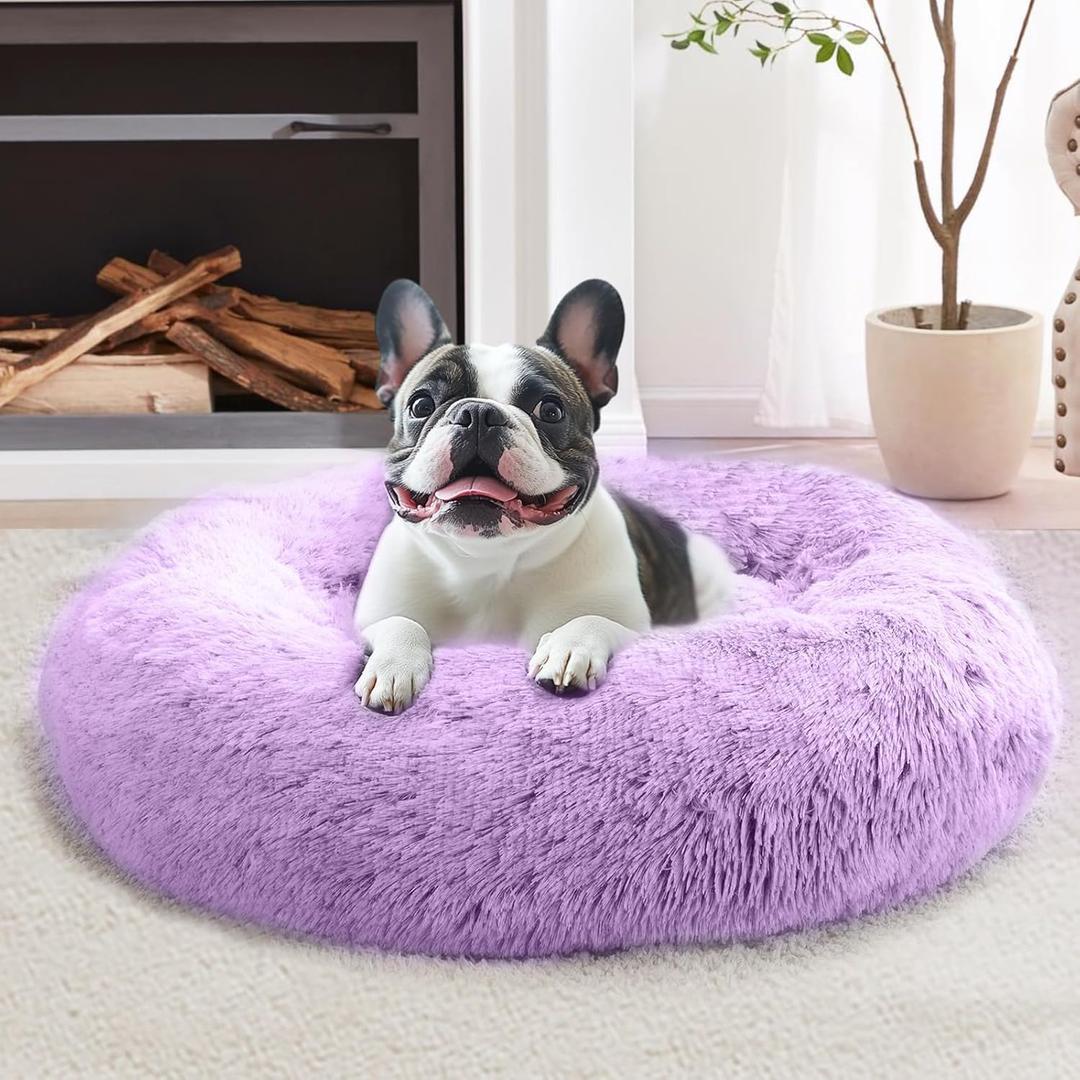 JOLLYVOGUE Calming Small Dog & Cat Bed for Indoor Cats - 20 inches Washable Donut Bed for Kittens & Puppies, Anti-Anxiety Round Fluffy Plush Pet Beds (Fits up to 15 lbs, Purple)