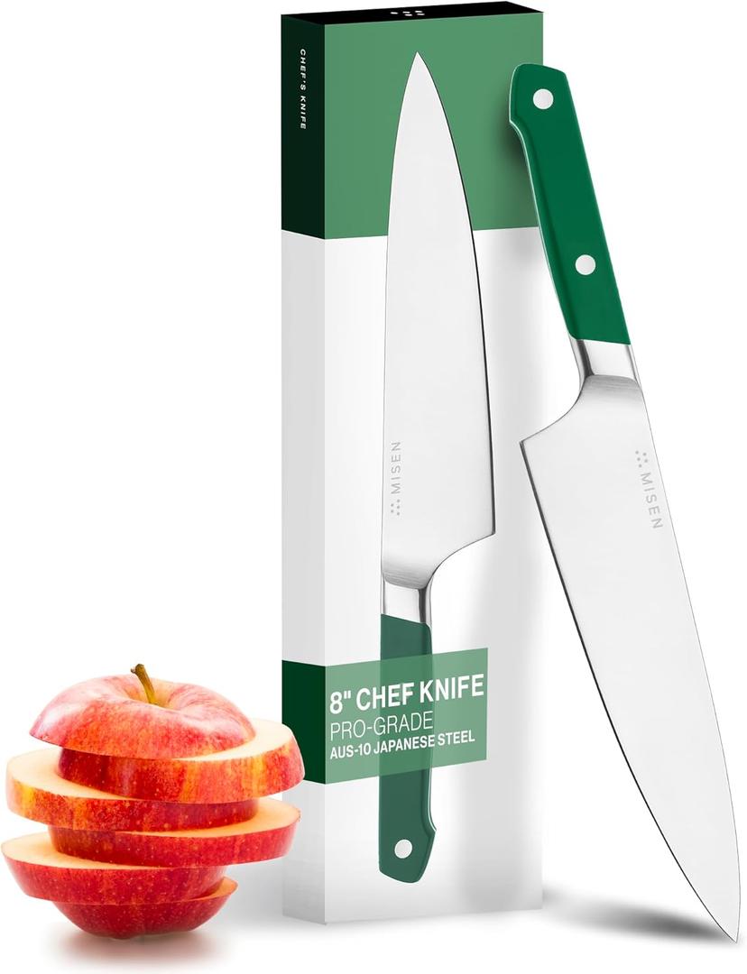 Misen 8" Chef Knife  High Carbon Japanese AUS-10 Stainless Steel  Hybrid German & Japanese Blade  Precision Kitchen Knife for Professionals & Home Cooks  Ultimate Cutting Performance - Green
