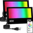 FastDeng LED Flood Light Outdoor 80W RGB Color Changing, Smart Floodlights RGBW 2700K 8000LM Warm White & 16 Million Colors, 43 Modes Stage Lights, Grouping, Timing, IP66 Waterproof (2 Pack)