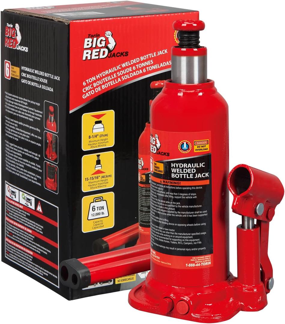 BIG RED T90603B Torin Hydraulic Welded Bottle Jack, 6 Ton (12,000 lb) Capacity, Red