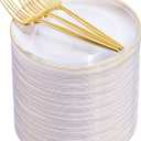 Rubtlamp 200Pcs Clear Gold Dessert Plates With Plastic Gold Forks, 100pcs 7.5inch Plates For Appetizers,100pcs 7.8inch Premium Forks Disposable, Cake Platos Disposable for Wedding