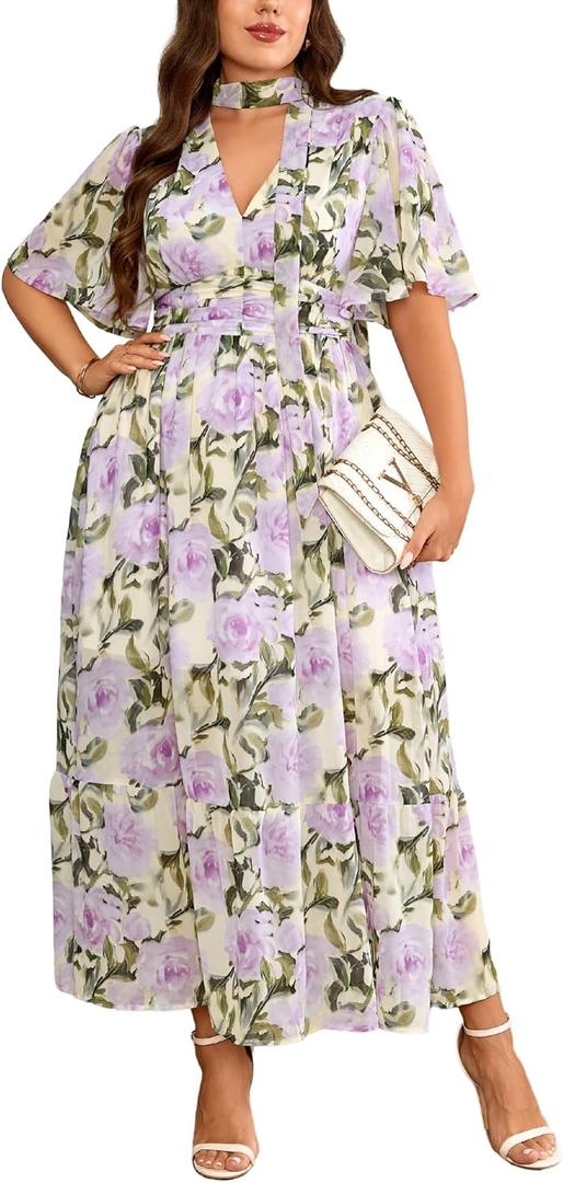 EYWOL Plus Size Wedding Guest Dresses for Women Floral Chiffon Flowy V Neck Maxi Dress with Detachable Tie Smocked Back (XXXL)