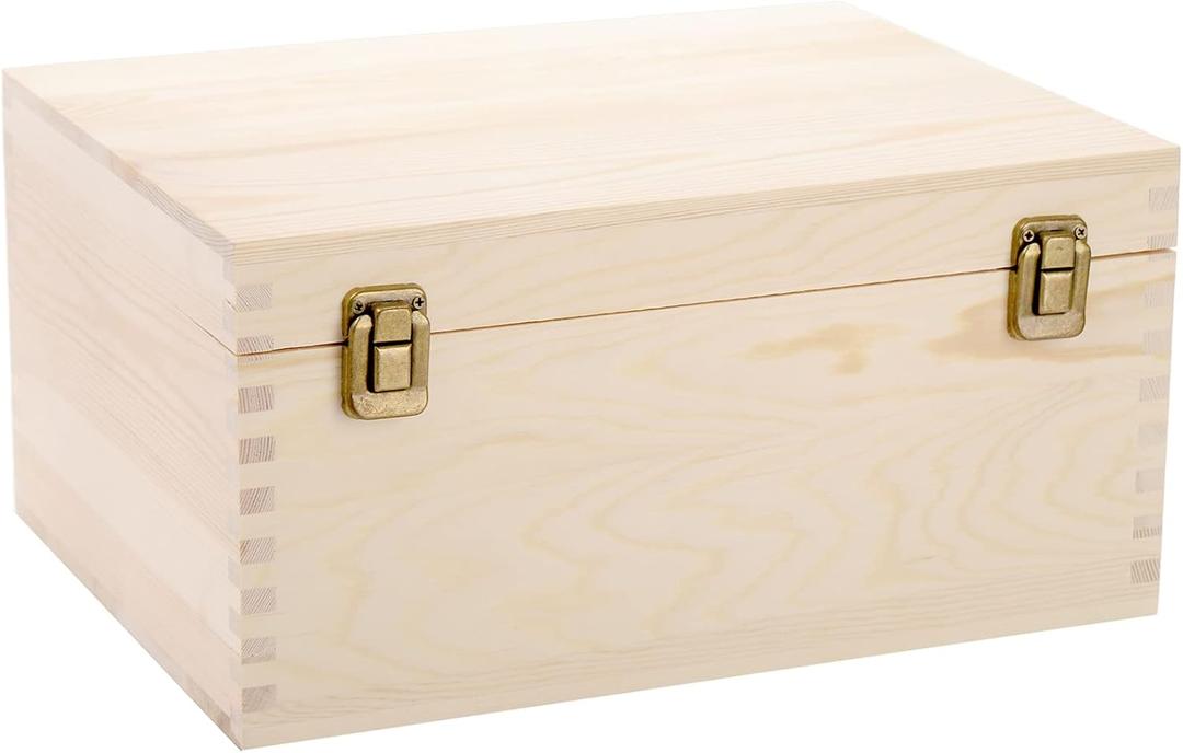 Frcctre Extral Large Unfinished Wooden Box, 13 x 10 x 6.5 inch Natural Unfinished Pine Wood Box with Hinged Lid and Front Clasp for DIY Craft Art Hobbies and Home Storage