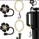 Pack Of 2 Straw Covers for Stanley Cup Accessories: Black Decorations for Stanley 30 oz & 40 oz Tumbler with Handle, Bling Letter Charms and Flower Silicone Straw Cap Topper, Trendy Stuff for Teen Girls & Women