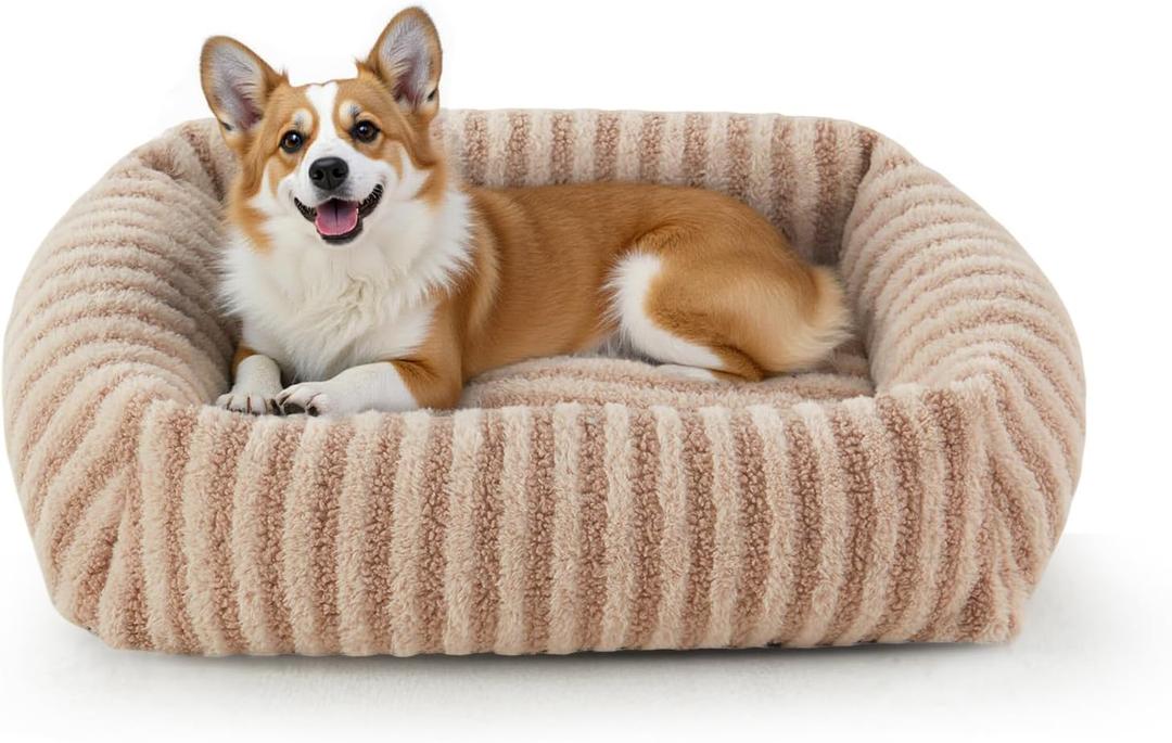MIXJOY Dog Bed Medium Size Dog, Washable Medium Dogs Bed with Removable Cover, Soft Rectangle Doggy Ded Fluffy Plush Faux Fur Pet Bed with Anti-Slip Bottom, 30"x24"x8", Beige
