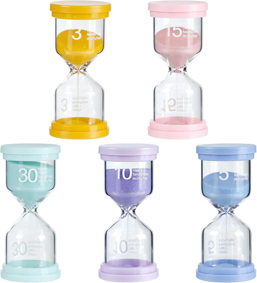 5Pcs Sand Timers for Classroom & Kids, LIOUCBD Colorful Hourglass Set, 3/5/10/15/30 Mins Visual Timer for Children Brushing Teeth, Classroom Games, Homework, Office, Cooking