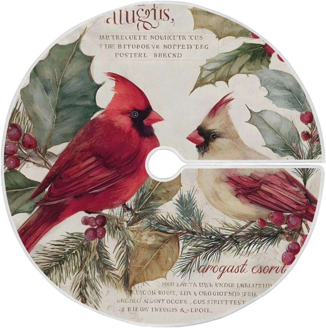 Christmas Tree Skirt 36 Inch Red Cardinals Pine Winter Berry Xmas Tree Mat Christmas Decorations for Xmas Happy New Year Holiday Indoor Party Burlap Tree Skirt Small Ornament (Medium, Multi72)