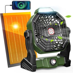 10800mAh Solar Powered Fan, 7W Solar Camping Fans & Led Lantern, Rechargeable Outdoor Fan with Solar Panel, Battery Operated Powered Tent Fans for Camping Essentials Accessories (10800mAh-Army Green)