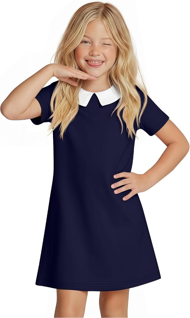 Summer Dress for Girls Doll Collar Short Sleeve A Line Swing Party Dresses with Pocket for Kids Aged 5-14 Years (Blue, 13-14 Years)