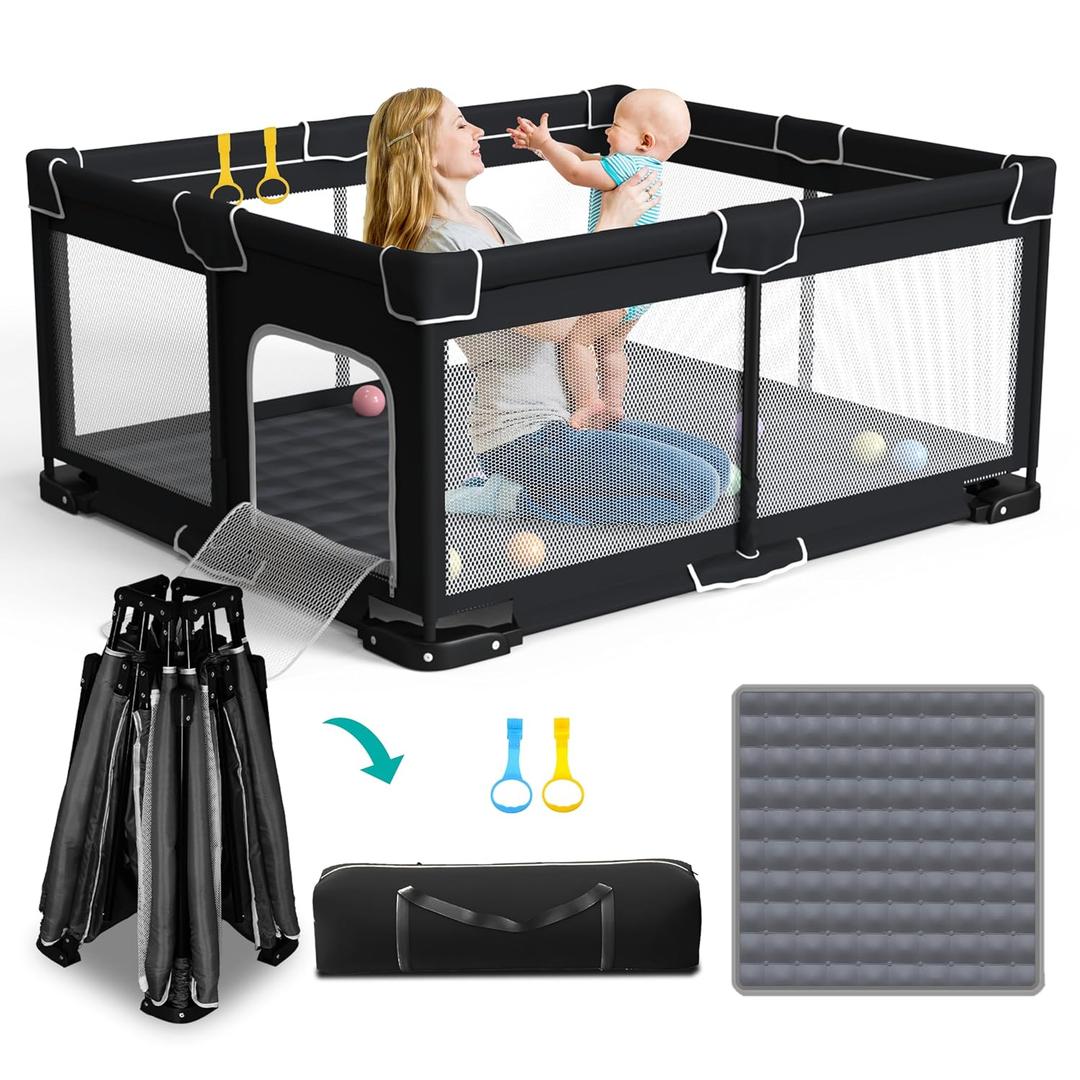 ICAREWAY Foldable Playpen for Babies and Toddlers, 71x59 Inches Portable Playpen, Kids Collapsible Play Pen with 2 Handlers, Indoor & Outdoor Baby Play Area with Visible Mesh (Black)