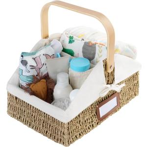 StorageWorks Wicker Diaper Caddy Organizer, Baby Diaper Caddy Basket with Liner, Handwoven Diaper Caddy for Car, Seagrass Baby Toy Basket with Handles, 1 Pack