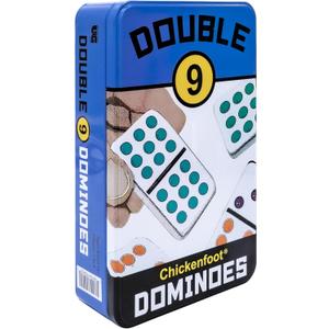 Front Porch Classics, Double 9 Colored Dot Dominoes Travel Tin Set, 2 to 8 Players Ages 8 to 99