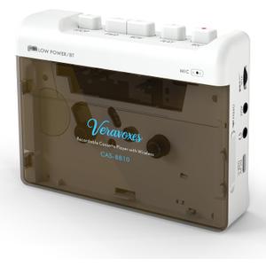 Portable Bluetooth Cassette Tape Player, Cassette Player Recorder,Equipped with Headphone and AUX Ports, Support AUX Line in Record,Built-in Microphone, Powered by DC or AA Battery (White)