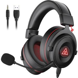 EKSA E900 Pro USB Gaming Headset for PC - Computer Headset with Detachable Noise Cancelling Mic, 7.1 Surround Sound, 50MM Driver - Headphones with Microphone for PS4/PS5, Xbox One, Laptop, Office (Black-Red)