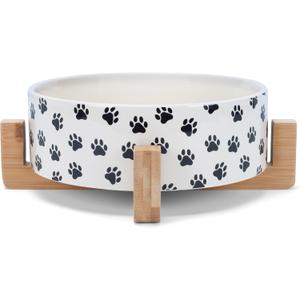 NAT & Jules Large Pawprint Black and White 8 inch Stoneware Ceramic and Wood Pet Bowl with Stand (Black and White Pawprint)