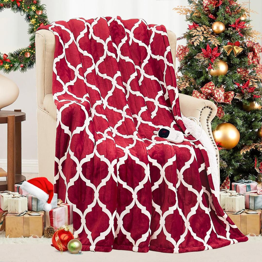 Homemate Heated Blanket Electric Throw - 50x60 Heating Blanket with 10 Fast Heat Levels 8 Hours Auto Off Soft Cozy Flannel Over-Heated Protection ETL Certification Keep Warming in Home (Red Geometry)