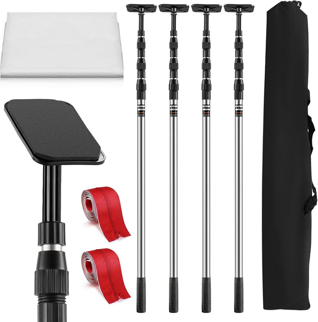 10FT Dust Barrier Poles, 4 Pack Spring Retractable Zipper Wall Poles for Dust Barrier System with 2 Heavy-Duty Zippers & Plastic Film, for Interior Decoration, Remodeling & Isolation Work