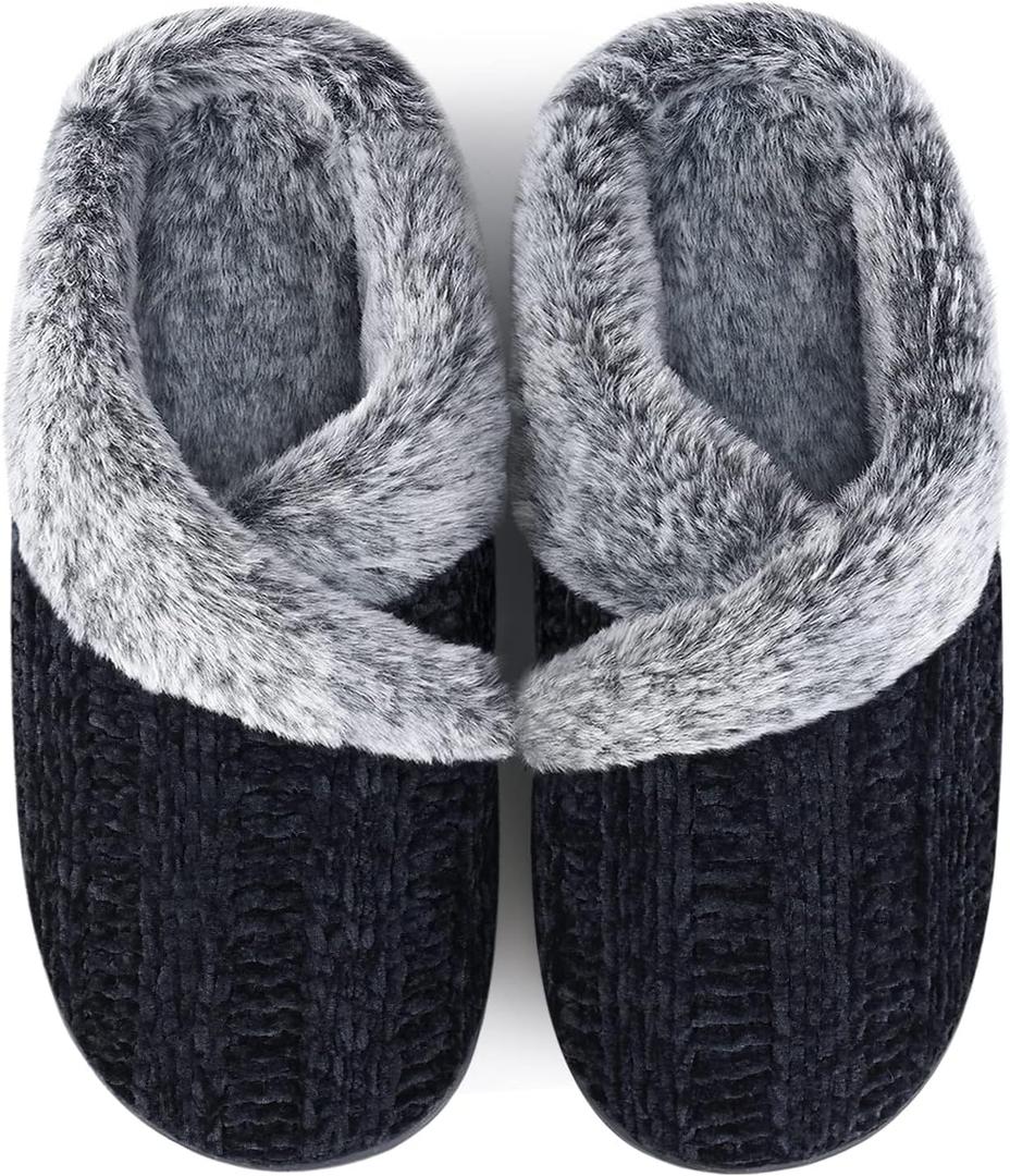 Slippers for Women Fuzzy House Slip on Indoor Outdoor Bedroom Furry Fleece Lined Ladies Comfy Memory Foam Female Home Shoes Anti-Skid Rubber Hard Sole (9-10, 01-Black)