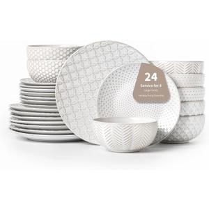 24 Piece Dinnerware Sets for 8, Premium Stoneware Plates and Bowls Sets, Microwave & Dishwasher Safe, Elegant Dishes for Entertaining & Special Occasions  A Stunning Gift for Large Families (Mixed Embossment)