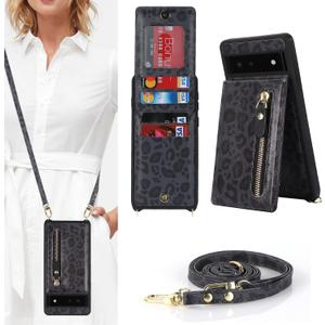 for Google Pixel 6 Case with Card Holder for Women,for Pixel 6 Phone Case Wallet with Strap Credit Card Slots Crossbody with Kickstand Zipper Case for Pixel 6 - Black Leopard