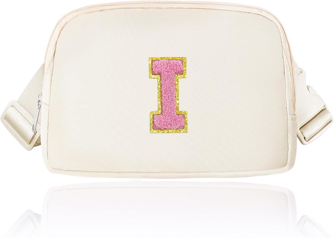 Janhavi Birthday Gifts,Travel Gifts for Women, Initial Crossbody Fanny Pack for Girls, Mini Waist Pack for Travel Essentials, Cute Belt Bag for Girls, Women,Mum Sister-Cream I