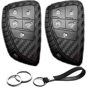 2pcs Compatible with Chevy GMC Key Fob Cover Case Key Chain fit for Chevrolet Chevy Silverado 1500 2500 3500 HD EV GMC Sierra 1500 2500 3500 HD Accessories Shell Holder Carbon Fiber Black