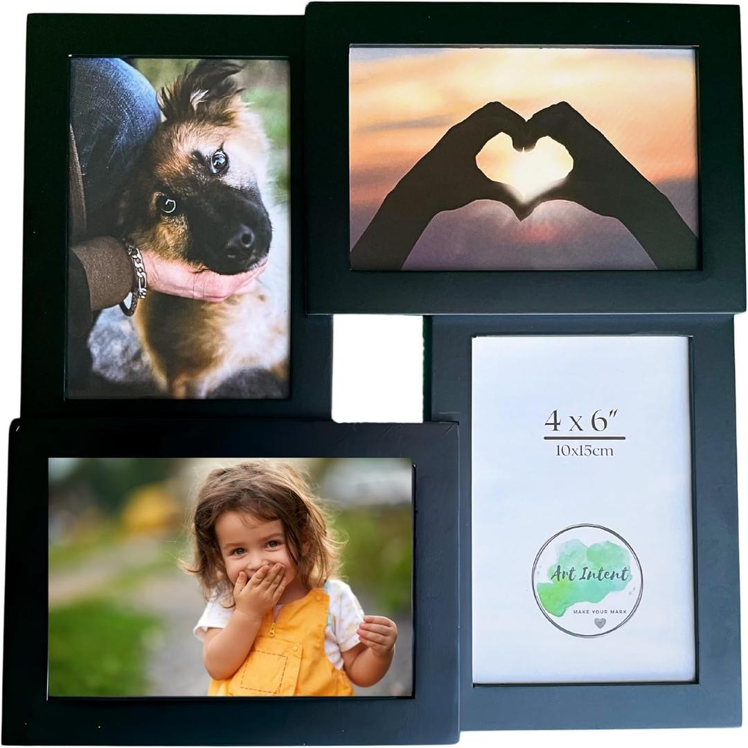 4x6 Picture Frames Collage, Black Multi-Frame, 4 Photos, Multiple Pictures, Wall or Easel Stand, Individual Photo Slots, Real Glass, Family, Home Decor or Gift, Updated Design and Packaging