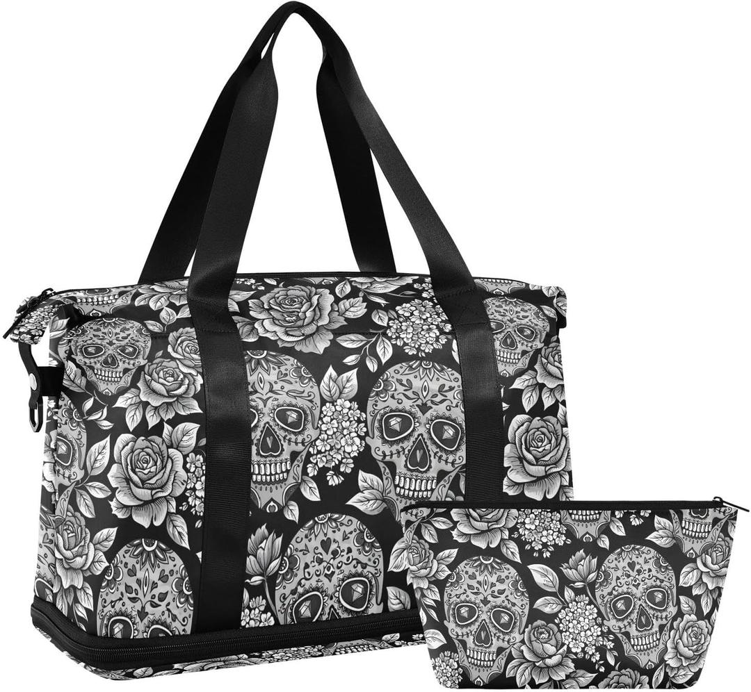 Skull Weekender for Women, Gym Sports Duffle With Flowers, Travel Tote With Toiletry Bag, Shoes Compartment, Dry/Wet Separation Swim Bag
