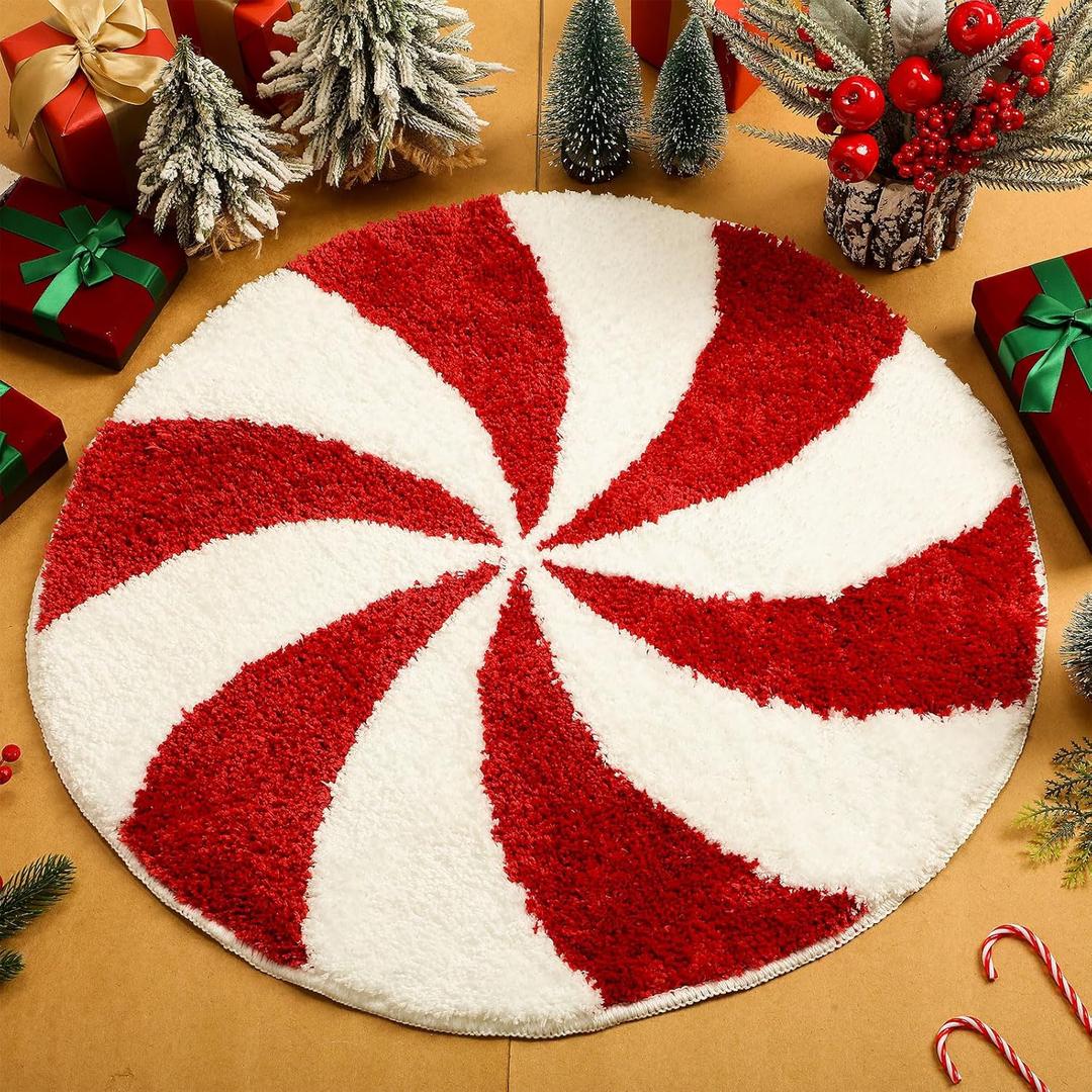 Christmas Bathroom Rugs 25 Inch Washable Round Bath Mats Winter Red White Candy Bath Mats Area Non Slip Absorbent Carpets Doormat with Backing for Tub Living Dining Holiday Bedroom Nursery