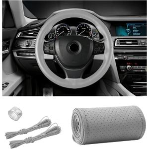 Ziciner Genuine Leather Steering Wheel Cover, 15 Inch Universal Breathable Anti-Slip Car Steering Wheel Protector, DIY Sewing with Needle Thread Fit for Men and Women (Gray, Hole)