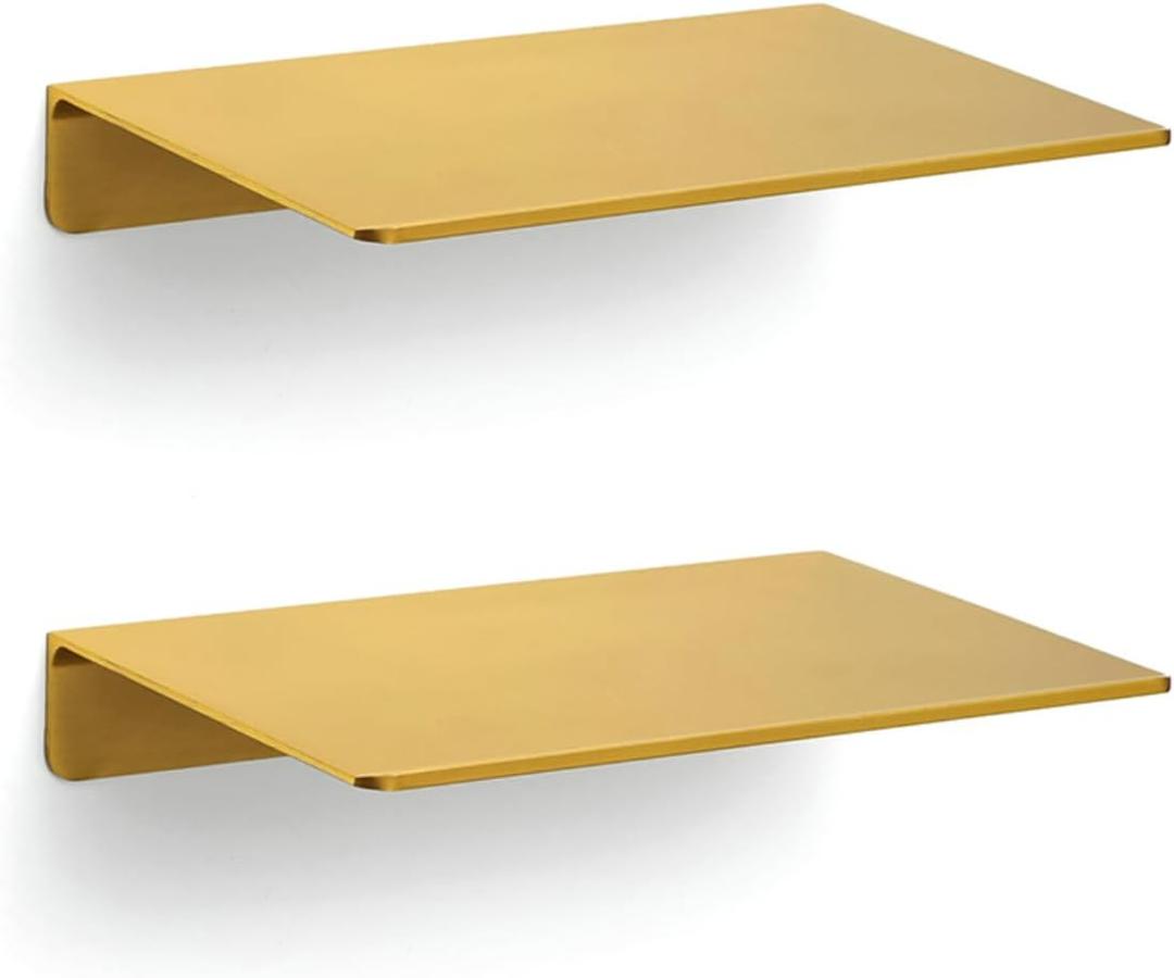2PCS Floating Shelf for Wall, Metal Wall Mounted Shelves for Bathroom, Bedroom, Kitchen, Living Room, Small Display Storage Shelves with Easy Mount (Gold, 20cm/7.87inch)