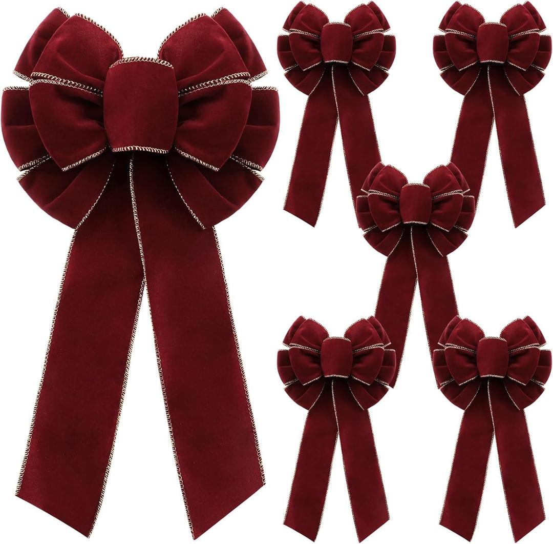 6 Pcs Burgundy Bows 8" x 16" for Christmas Tree, Large Christmas Velvet Bows with Gold Border, Waterproof Indoor Outdoor Xmas Tree Elegance Craft for Garland Swags, Lantern Outdoor Craft Decor