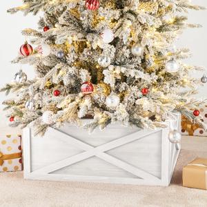 Glitzhome Christmas Tree Collar, 32.25" L Washed White Wooden Tree Collar Tree Stand Cover Christmas Tree Skirt Collar for Christmas Decoration