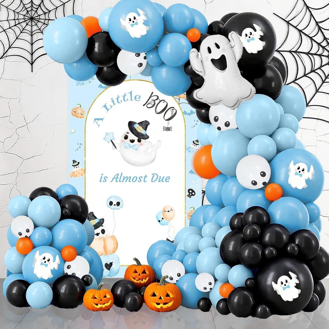 AIBIIN Halloween Little Boo Baby Shower Decorations for Boy A Little Boo is Almost Due Banner Blue and Black Balloons Set Blue Spider Web Party Decor Ghost Halloween Party Decorations
