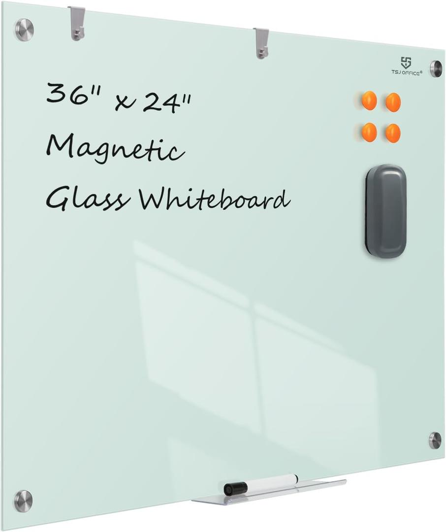 TSJ OFFICE Glass Dry-Erase Board - 36 x 24 Inches Wall Mounted Whiteboard with Magnetism, Large Frameless Glass White Board for Office, Home & School (36"x24", White)
