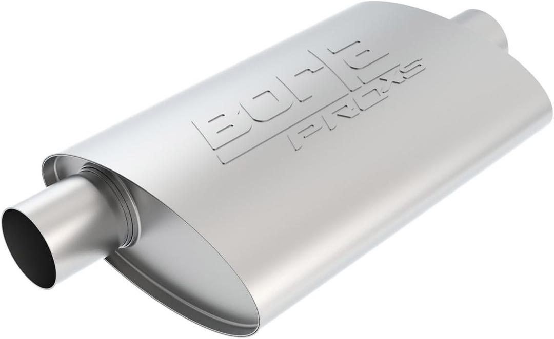 BORLA 40358 ProXS Universal Performance Muffler 2.5" Offset Inlet / 2.5" Center Outlet 4" x 9.5" Oval x 14" Long body 19" Overall Length Un-Notched Necks Reversible Design T-304 Stainless Steel