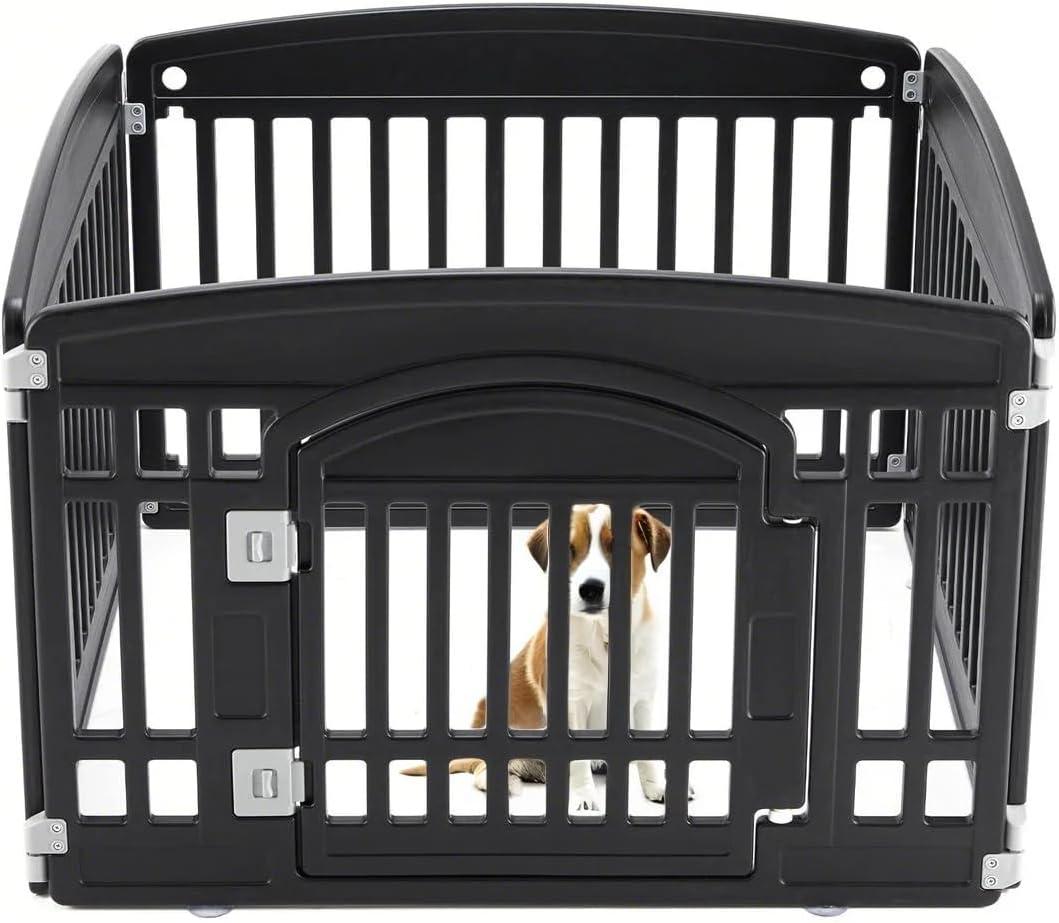 Dog Playpen [Height 24 inches], Folding and Portable Pet Playpen with Door Ideal for Small to Medium Dogs Cats, Safe and Secure Puppy Playpen Indoor/Outdoor Pet Fence (Black-4-Panel)