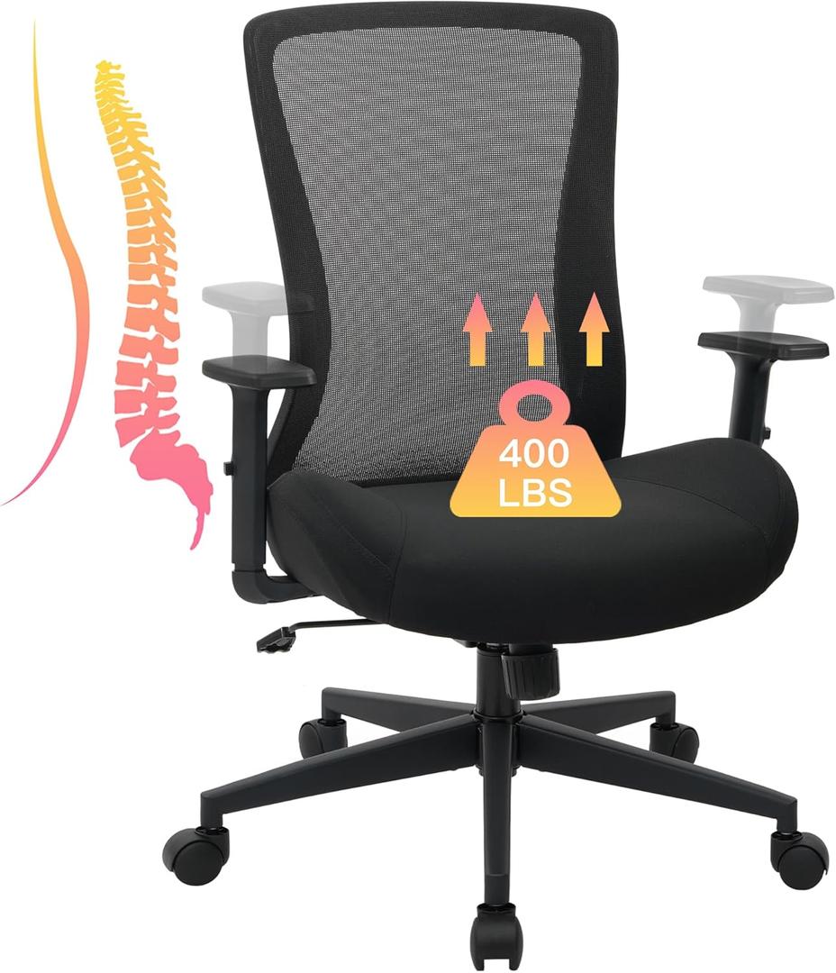 Big and Tall Office Chair for Heavy People 400lb, Ergonomic Desk Chair Mesh Computer Chair with Lumbar Support, Adjustable Height and Armrests (Black)