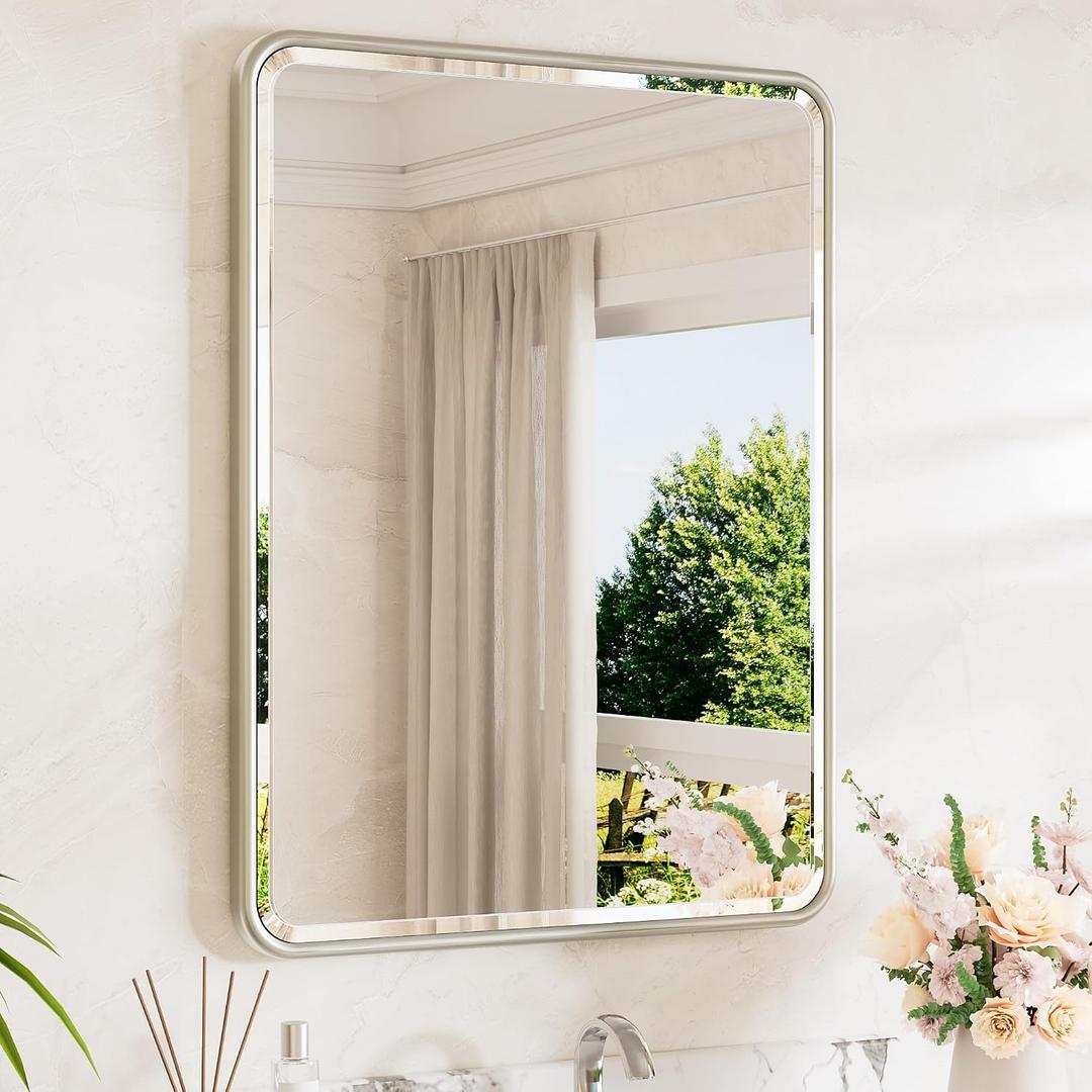 TETOTE Brushed Nickel Framed Vanity Mirror 24 x 32 Beveled Edge Tempered Glass, Rounded Corner Rectangle Bathroom Mirror for Over Sink for Modern Bathroom, Living Room, Bedroom, Entryway